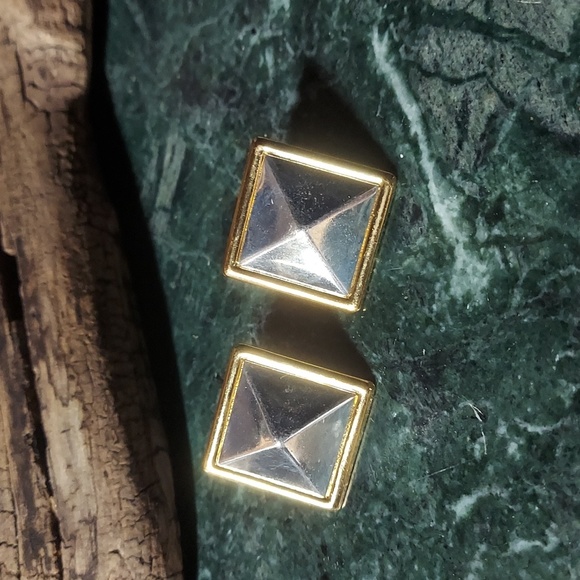 E1769 Vintage Chunky Silver Gold Square Diamond Earrings - Picture 8 of 11